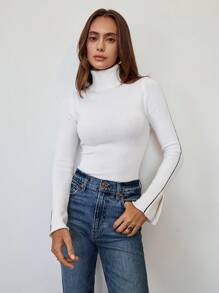 Chiquease 女士休闲高领撞色滚边开袖修身毛衣 - 白色 - 查看 5