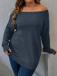 Calvaya Plus Size Casual Solid Color Off Shoulder Drop-Shoulder Loose Pullover Sweater Winter Fall Autumn - Baby Blue - View 6