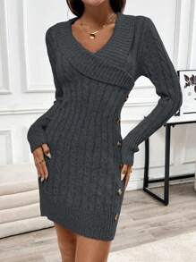 EMERY ROSE Turndown Collar Knitted Long Sleeve Comfortable Sweater Dress Fall Winter Cloth For Women - Grey - View 3