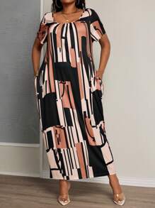 Maweii 大码几何色块印花方领短袖 A 字形连衣裙 - 彩色 - 查看 1