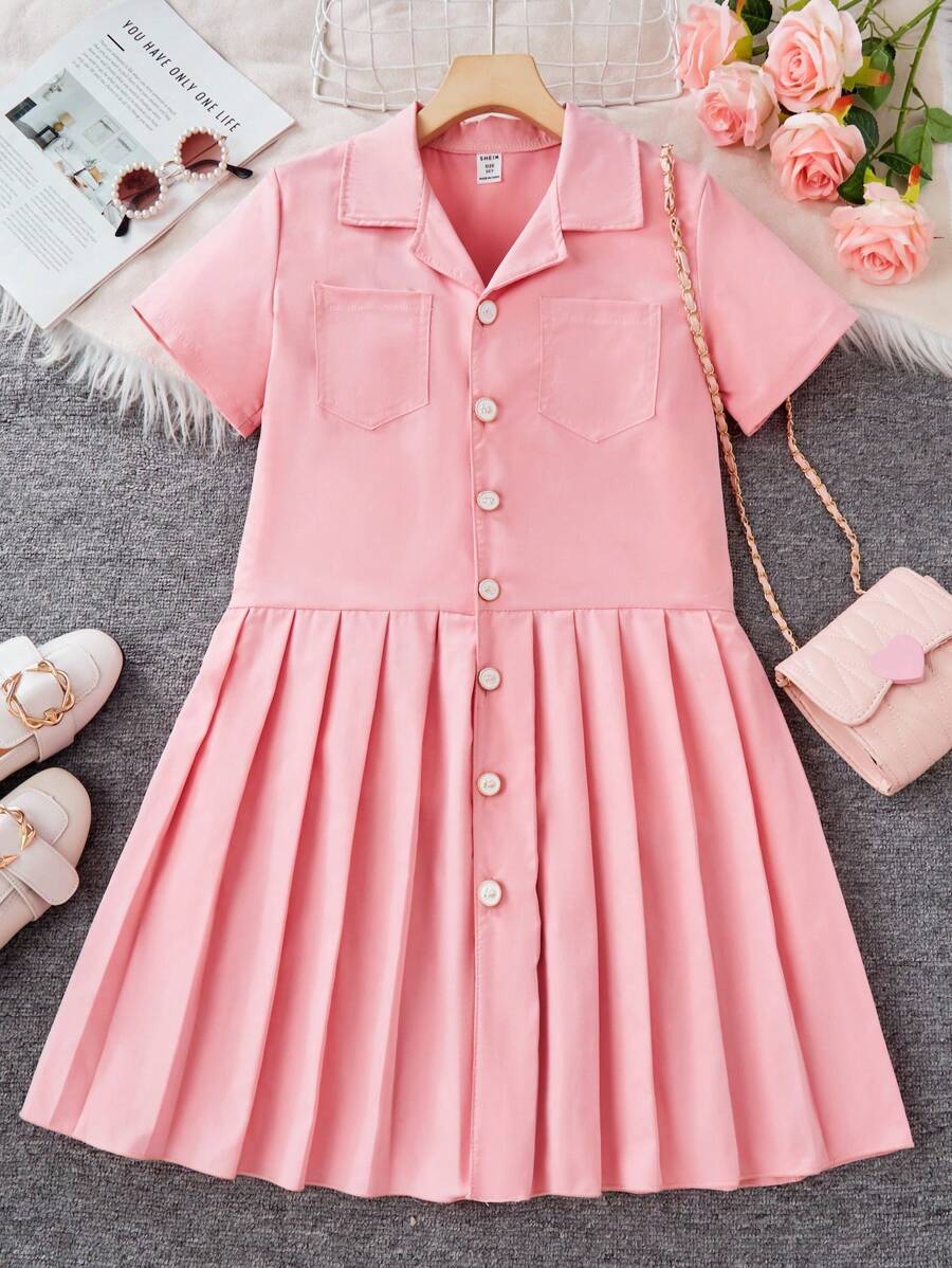 Áo sơ mi thường ngày cho bé gái tuổi mới lớn màu trơn cổ tròn tay ngắn cài nút đơn xếp ly viền - Hồng - Xem 1