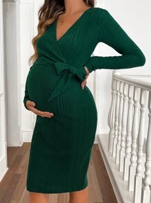 SHEIN 1pc Pregnant Women V-Neck Solid Color Long Sleeve Side Knot Fitted Elegant Dress, Autumn, For Maternity