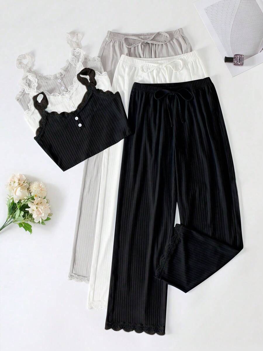 Snug Zone 3pcs Women Shell Trimmed Sleeveless Top & Bowknot Pants Pajama Set - Multicolor - View 1