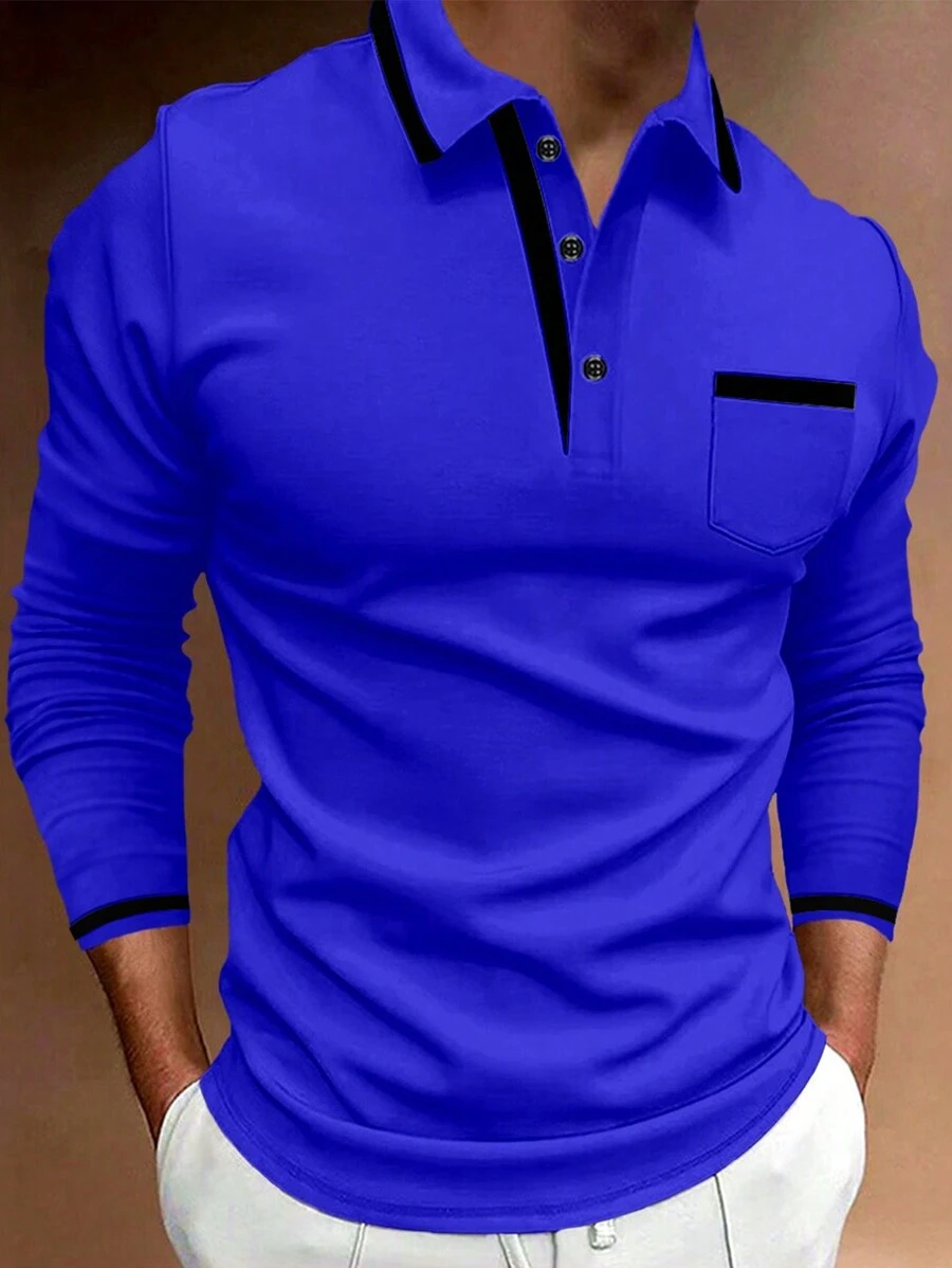 Manfinity Homme 男士休閒拼色長袖 Polo 衫,秋季,藍色襯衫,皇家男士,秋季棉質,正式 - 寶藍色 - 查看 1