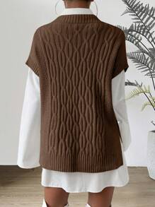 Xyvia Women's Solid Color V-Neck Short Sleeve Simple Knit Vest, Casual Daily Wear - Brown - View 2