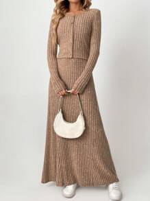SHEIN Tall Bộ đồ thường ngày dành cho nữ, áo khoác dài tay màu trơn có gân, hàng khuy đơn và chân váy dài midi, mùa thu - màu nâu - Xem 4