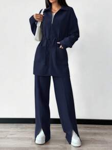 Mulvari 女士纯色拉链夹克，带口袋和裤子，休闲两件套