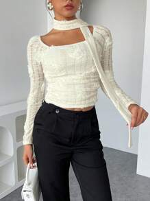 Chiquease Elegante top a collo alto bianco a maniche lunghe con decorazioni floreali 3D per donna, vestibilità slim, adatto per primavera e autunno - Albicocca - Visualizzare 4