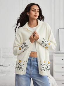 GARFIELD | SHEIN Áo len cardigan dệt kim in chữ và mèo giản dị cho nữ tay áo raglan cài nút - trắng - Xem 2