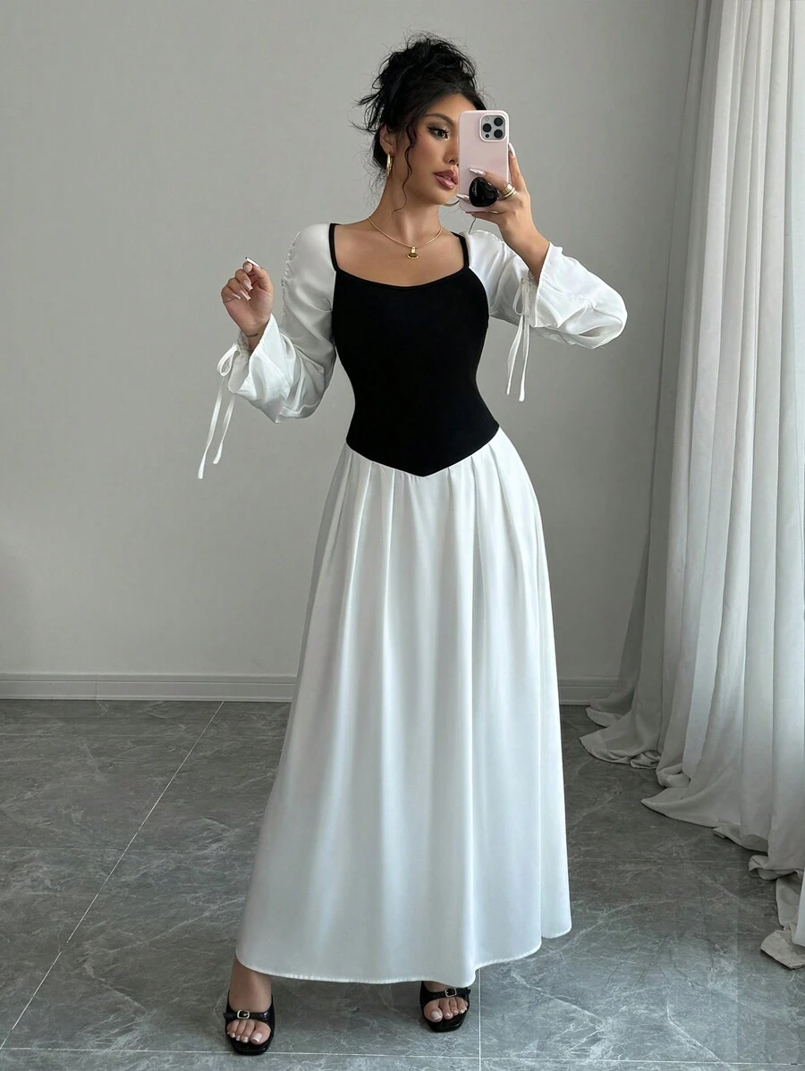 SHEIN Unity Women's Square Collar Patchwork Cinched Waist Long Sleeve Slim Fit Long Dress, Elegant - Black and White - View 1