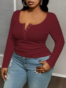 Slaydiva Camiseta de manga larga de corte slim con cuello cuadrado, en color rojo, para talla grande, uso casual y de combinación fácil
