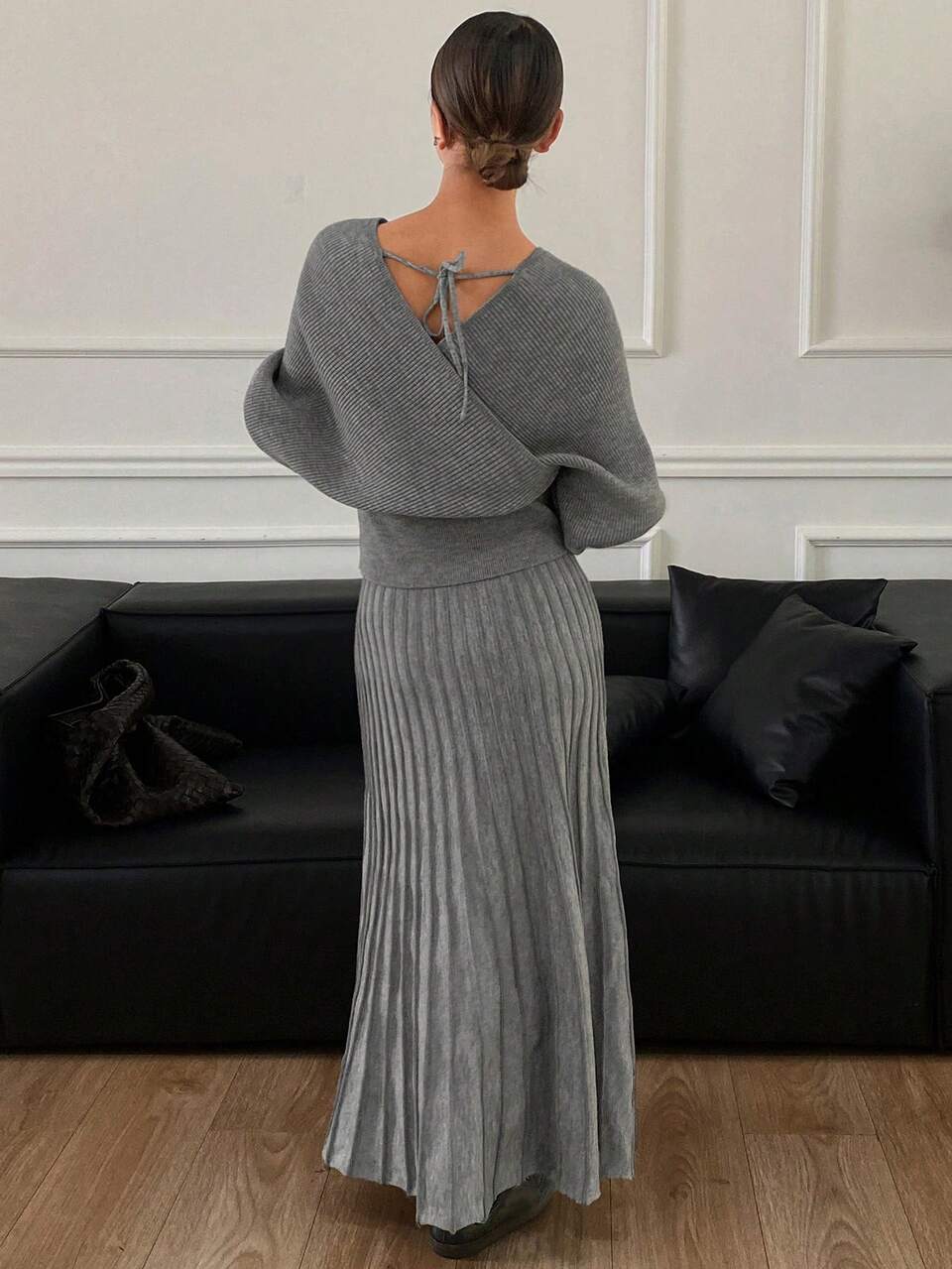 2pcs/Set Women Solid Color Loose Sweater + A-Line Skirt Suit,Fall Clothes