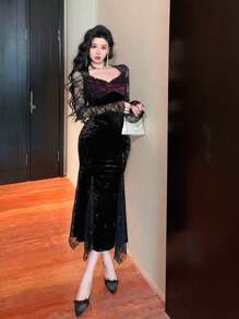 DAZY Đầm midi dài tay dáng đuôi cá phối ren cho nữ, thích hợp dự tiệc, trang phục mùa thu, ngày Valentine. - màu đen - Xem 4