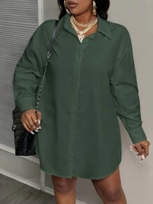 Slaydiva 2pcs Plus Size Elegant Casual Loose Contrast Color Tie Up Shirt & Dress Set For Summer & Autumn