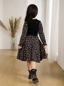SHEIN Young Girl Ditsy Floral Stand Collar Casual Long Sleeve Dress Young Girl Dresses Black - Black - View 2