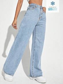 SHEIN ICON 女式休閒寬鬆直筒牛仔褲，附有口袋 - 藍色 - 查看 3