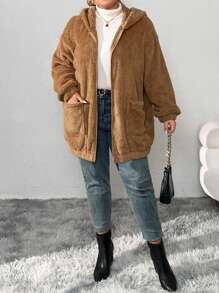 SHEIN CURVE+ Autumn And Winter Warm Plush Hoodie Cute Bear Ears Large Plush Jacket Coat Christmas Fall