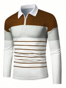 Manfinity Homme Colorblock Striped Print Half Zip Up Long Sleeve Casual Polo Shirt