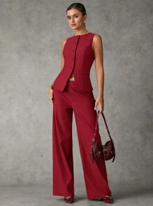 SHEIN BAE 女士夏季纯色单排扣背心和裤子日常通勤套装女士秋季套装冬季女士衣服适合办公室通勤套装，办公室警笛风格