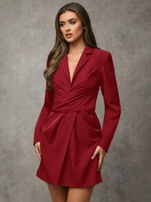 SHEIN BAE Women Burgundy Red Elegant Blazers Suit Dress,Summer Night Out Long Sleeve Lapel Twist Solid Color Simple Office Wear Business Work Fall Outfits - Burgundy - View 4