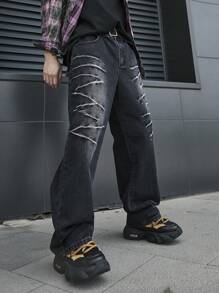 Manfinity EMRG 男士休闲直筒洗水牛仔裤 - 黑色 - 查看 3