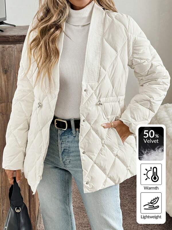 SHEIN LUNE Ladies' Stand Collar Diamond Plaid Quilted Waistband Casual Commute Elegant Outdoor Warm Feathers& Down Jacket, Autumn Winter