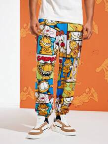 GARFIELD | SHEIN Men Casual Letter & Cartoon Patchwork Print Slanted Pocket Loose Jogger Pants, Fall - White - View 1