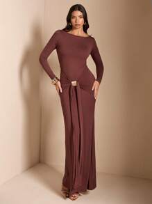 SHEIN BAE Vestido maxi de color marrón sólido/café con cuello redondo, manga larga, fruncido, ajustado y con cola de pez, adecuado para fiesta de cóctel, cita romántica, vestido de otoño/invierno para capas, fiesta, dama de honor de boda, noche, Halloween, Navidad - Marrón - Ver 5