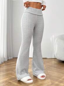 SHEIN PETITE 复合绒宽腰紧身弹力女士打底喇叭裤秋冬季保暖 - 灰色 - 查看 6