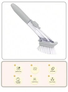 SHEIN Basic living 1pc Long Handled Plastic Cleaning Brush With Detergent Dispenser,Creative Solid Kitchen Cleaning Pot Brush - Grey - View 4