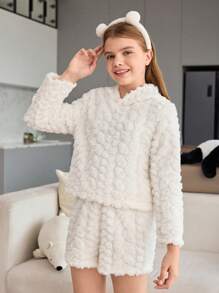 Tween Girls White Fluffy Hooded Long Sleeve Sleepwear And Shorts Pajama Set