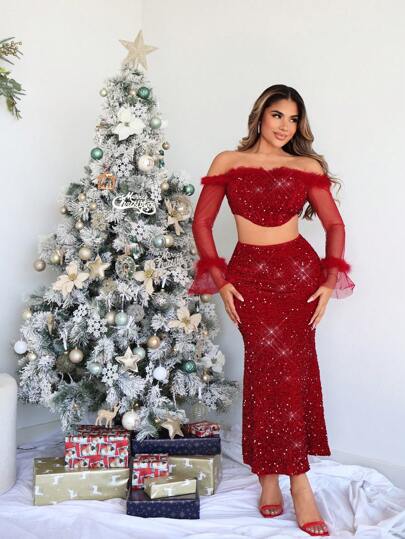 SHEIN SXY Set de 2 piezas: Top largo y falda con estampado de mustang y combinación de lentejuelas y malla para Navidad y Año Nuevo