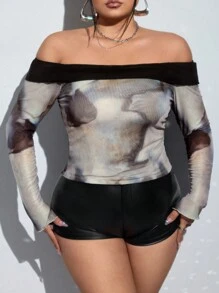 SHEIN ICON Blusa de manga larga de punto con panel de malla de hombros descubiertos y estampado tie-dye para mujer talla grande