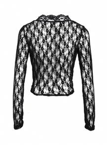 INAWLY Women Lace Trim Sheer Long Sleeve Blouse Fall Cloth For Women - Black - View 2