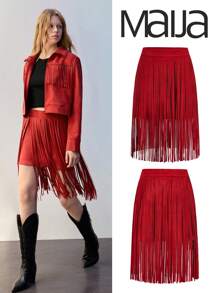 Maija Women's Western-Style Solid Color Casual Suede Skirt - Red - View 1