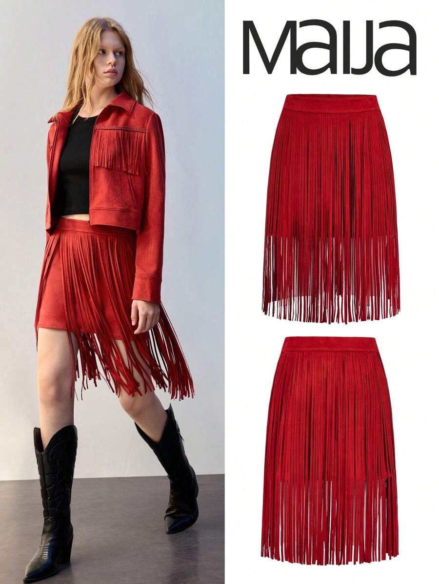 Maija Women's Western-Style Solid Color Casual Suede Skirt - Red - View 1