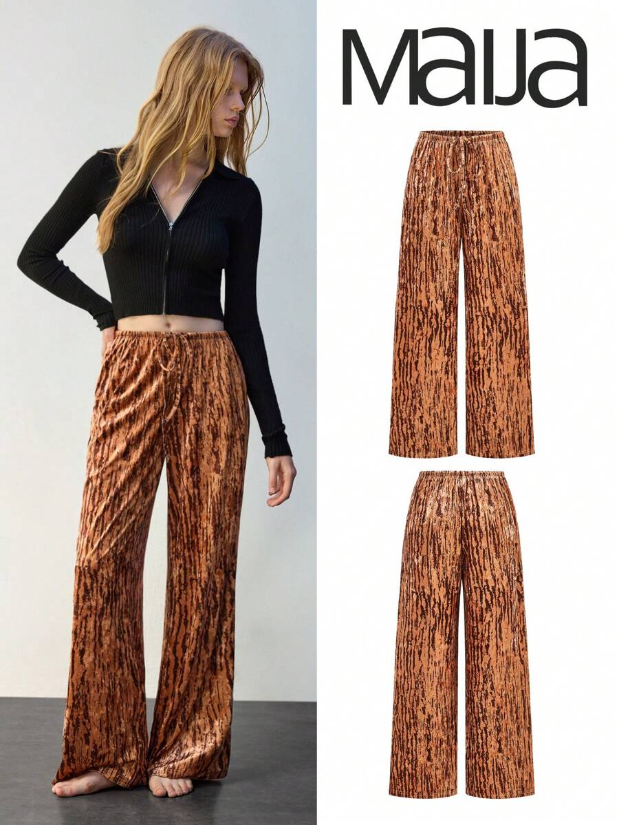 Maija Pantalones de pierna recta de terciopelo para mujer con cintura con cordón, diseño de pierna ancha suelta, otoño e invierno - Café integral - Ver 1