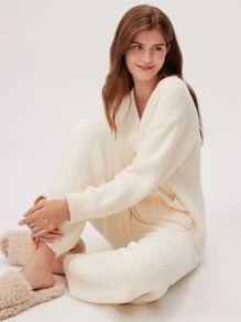 LUVLETTE Autumn And Winter Winter Fuzzy Fleece Button-Up & Pants Loungewear Pajama Set Lingerie As Outerwear Fall Pajamas Clothes - Beige - View 8