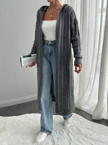 RueChic 女士休闲连帽粗针织长款开衫 - 杏色 - 查看 4