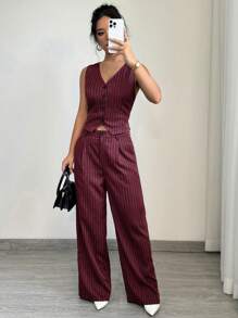 Elenzga 1set Women Casual Striped Blazer Vest + Women Casual Suit Pants - Burgundy - View 5
