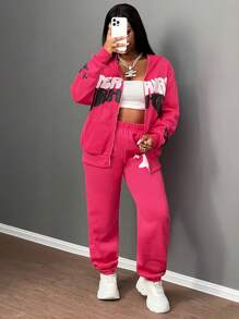 Slaydiva 秋冬新款休闲街头连帽拉链长袖露肩立体印花口号Logo星星卫衣打底裤长裤玫红色天鹅绒运动衫套装女卫衣 - 玫紅色 - 查看 7