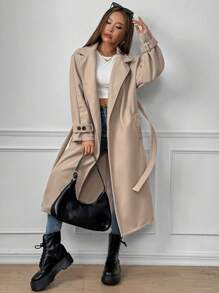 Chiquease Women's Casual Loose Oversized Shoulder Epaulette Long Sleeve Button Cuff Long Coat - Khaki - View 7