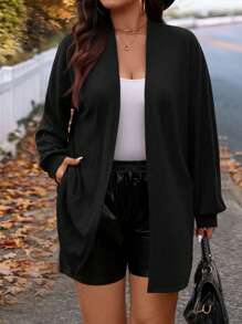 EMERY ROSE 大码冬季宽松罗纹条纹针织开衫，适合外出、度假、工作装和居家 - 黑色 - 查看 1