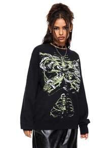 ROMWE Goth 深绿色骷髅与蛇嵌花宽松圆领毛衣（女款） - 黑色 - 查看 4