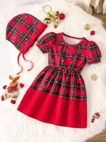 SHEIN Robe de princesse décontractée de Noël en tartan rouge pour filles - avec chapeau, robe à carreaux rouges avec chapeau assorti, ambiance festive. Convient aux filles de 4 à 7 ans, coupe de jupe généreuse, accents de nœud rouge, mignonne et vivante. Convient pour Noël, les fêtes et autres occasions spéciales, mettant l'enfant à l'honneur. Automne/Hiver. - Rouge - Voir 1