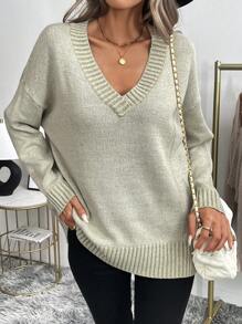 SHEIN LUNE Women's Casual V-Neck Loose Knit Sweater, Plain Color, Suitable For Autumn/Winter - Khaki - View 5