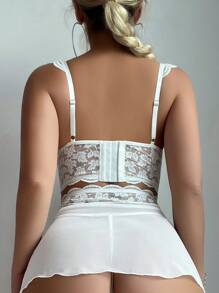 5pcs Set: Lace Splice Mesh Ruffle Strap Bow Bra Top + G-String + Slit Suspender Skirt + 2pcs Stockings, Sexy Bow Tie
