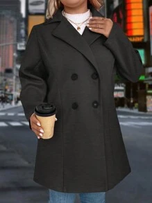 SHEIN LUNE Plus Size Solid Color Double Breasted Overcoat, Casual For Autumn/Winter - Dark Grey - View 3