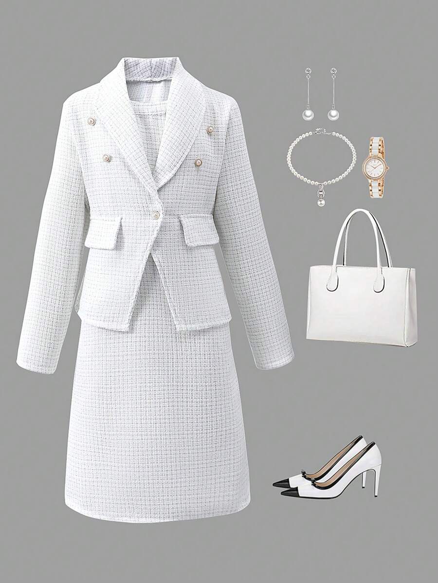 Tween-Mädchen High-End Elegante Lady Style Jacke mit Anzug, Herbst/Winter - Weiss - Übersicht 1