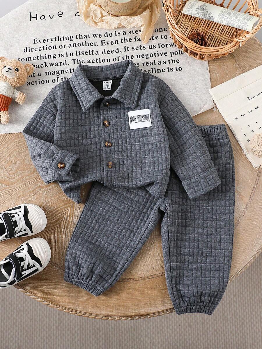 SHEIN Bộ 2 món áo khoác in chữ ve áo thời trang cho bé trai và quần cạp chun trơn, mùa xuân và mùa thu - Xám - Xem 1
